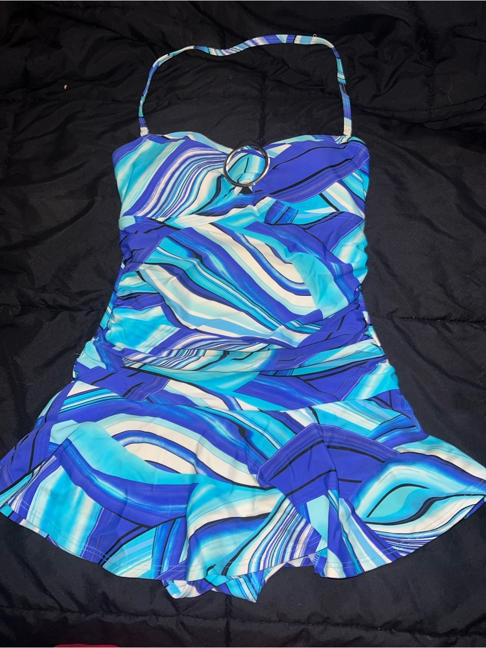 Y2K Blue Multi-Stripe One-Piece Swimsuit with Skirt
